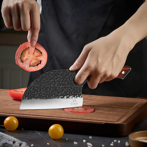 Person slicing tomato with Serbian Chef Cleaver Knife With Leather Sheath 5.8 Inch Hammered 3CR13 Blade Razor Sharp Edge Hand Sharpened