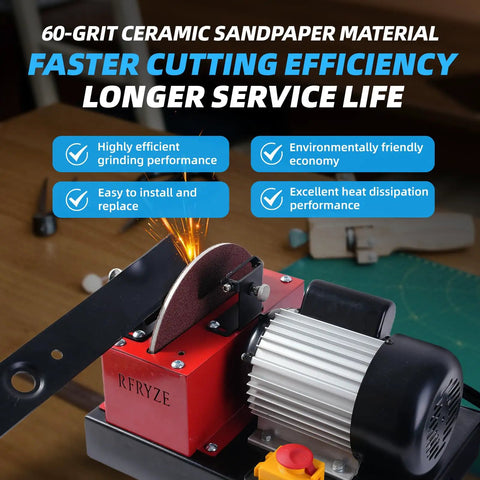 Close-up of Beast Mode Eight Hundred Watt Lawn Mower Blade Sharpener and Bench Grinder with nine inch ceramic grinding wheel focusing on blade sharpening.