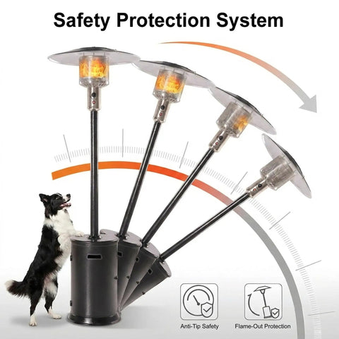 47000 BTU Outdoor Patio Heater With Round Table Design And Wheels Propane Gas Standing Heater With Double Layer 304 Stainless Steel Burner 20 Foot Radius Black Hammered Finish Perfect For Patios Decks And Backyards with safety protection system illustration and anti-tip safety features, shown with a dog for scale.