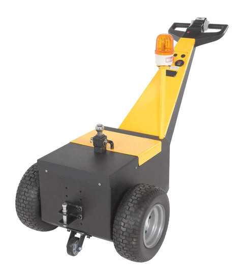 Heavy Duty Electric Powered Tugger With 5k Capacity Is Total Gas For Moving Heavy Trailers And Carts At Airports. Electric tugger with wheels and yellow design.