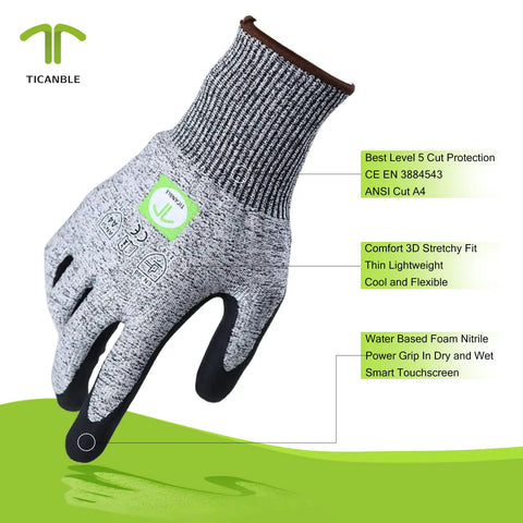 Three Pair Level Five Cut Resistant Gloves With Nitrile Coated Grip showcasing 3D comfort fit and smart touch features