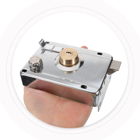 Heavy Duty Stainless Steel Front Door Safety Lock Set Featuring A Beefy Crescent Deadbolt For Foolproof Installation, shown in hand.