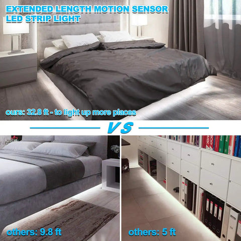 Comparison of Motion Activated LED Rope Lights 32.8Ft With Day And Night Modes in bedroom vs shorter LED strips