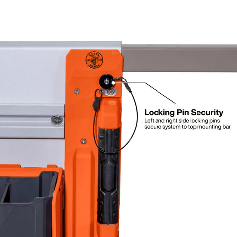 Locking pin security feature on Twenty Inch Wall Mount Tool Rack With Four Heavy Duty Rails Delivering Twenty Five Pounds Per Rail Built Nasty Tough.