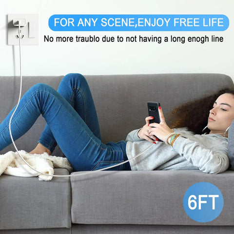 Person using USB C Fast Wall Charger 4 Pack for 17 16 15 Pro Max and More Includes 6 Ft Cables, relaxing on sofa