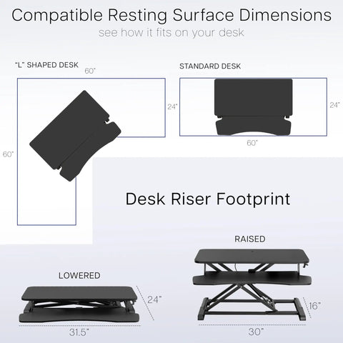 32 Inch Desk Converter K Series Sit To Stand Riser footprint with height adjustable feature, fits 'L' and standard desks