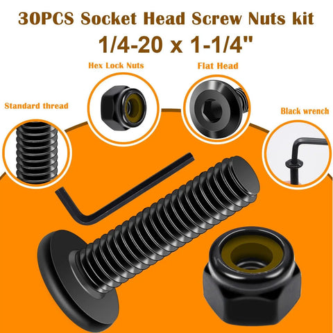 30-Piece Do It All 1/4-20 By 1-1/4 Inch Stainless Steel 304 Flat Head Hex Socket Cap Bolts Kit With Nylon Insert Lock Nuts And Hex Spanner For Furniture Hardware Zinc Plated image showing bolts, nuts and spanner