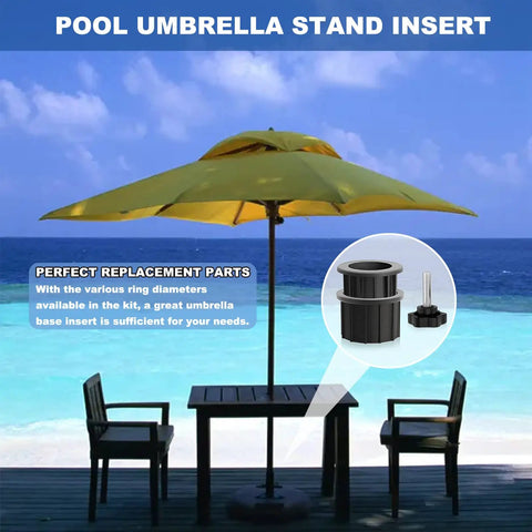Six Piece Patio Umbrella Base Hardware Kit Black Ring Plugs displayed beside a yellow umbrella at the beach.