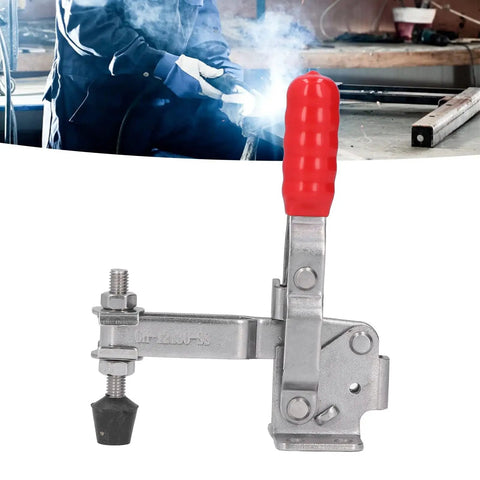 Heavy Duty Toggle Clamp With Stainless Steel Body And Plastic Handle, 227Kg Clamping Force, displayed with welding action in background