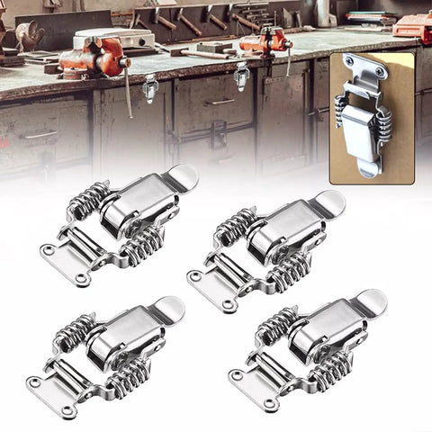 Spring Loaded Latch Set 4Pcs Stainless Steel Draw Latch Hardware For Toolboxes Cabinets Chests Boxes And Wooden Cases Rust Resistant Hasp Locks In Small And Large Sizes shown with usage example in workshop