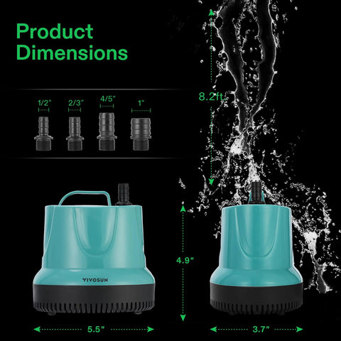 Front view: teal VIVOSUN 660GPH 40W submersible water pump with 5 ft cord and four nozzle adapters.