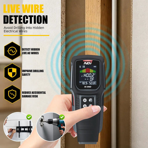 Solid Five In One Stud Finder Wall Scanner With Bright Laser Line For Dead On Wood Stud And Live Wire Detection showing live wire detection feature.