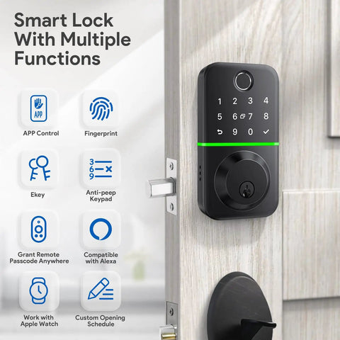 Super Slick Smart Door Lock Deadbolt With Keypad And Quick Fingerprint Reader For Absolute Game Changing Keyless Entry Auto Locking Setup With Bluetooth App Control And Spare Keys on wooden door.