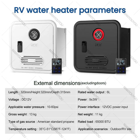 Propane Tankless Water Heater For Camper Van And RV Road Warrior Ready No Chill Hot Showers Portable 55000 Btu specifications and dimensions