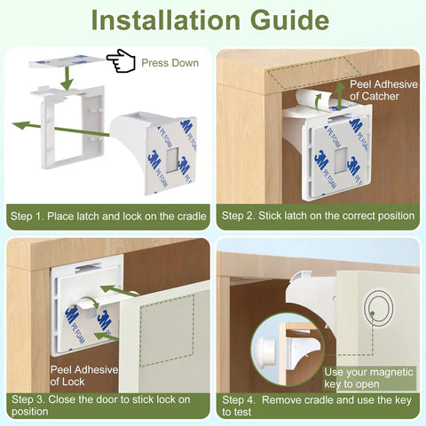 Installation guide for Magnetic Cabinet Locks Set 6 Pack Plus 2 Keys No Drill Baby Proofing adhesive mount on cabinet.