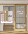 Six Foot Sliding Barn Door Hardware Kit With Stainless Steel Track For A Single Door Ultra Smooth And Quiet Operation Fits 36 Inch Panels Y Shape Hangers Supports Up To 220 Lbs Includes Track Hangers Rollers Connector shown installed