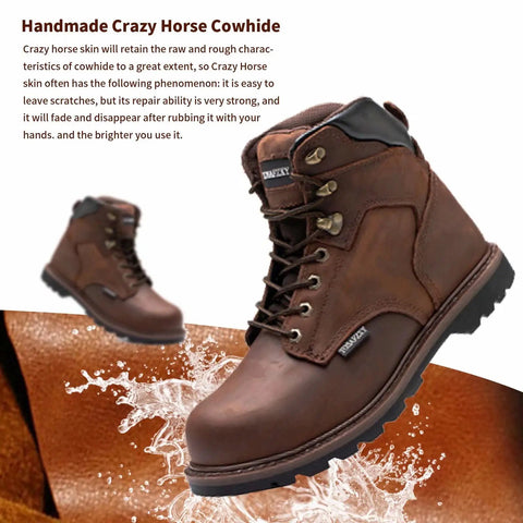 Mens Work Boots With Crazy Horse Leather Goodyear Construction Steel Toe Waterproof Non Slip Warmth Tough Work Shoes For Rough Terrain Brown Size 13 All Day Comfort featuring a side view of the leather texture and durable sole.
