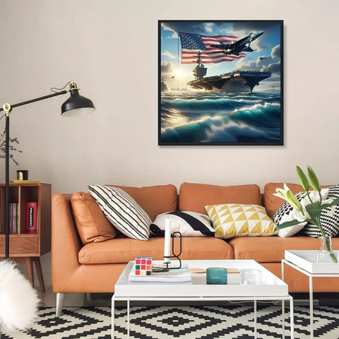 Navy Carrier Diamond Painting Kit Full Drill 5D Round Beads With F A 18 Jets Flags And Naval Ships Wall Decor in living room