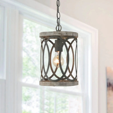 Dope Rustic Wood Pendant Light With Black Metal Shade, 1-Light Farmhouse Ceiling Fixture for kitchen island, gray wood frame
