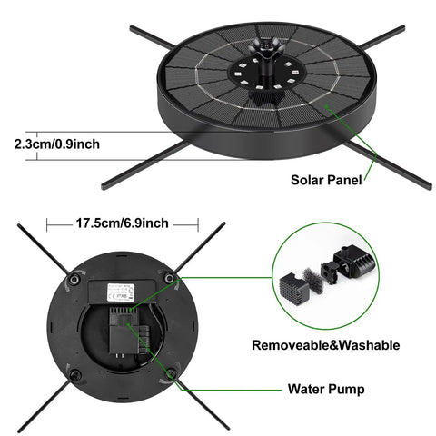 Dimensions of the Solar Fountain Pump With 3 Spray Heights, Upgraded Glass Panels And Led Lights, showcasing components and design.