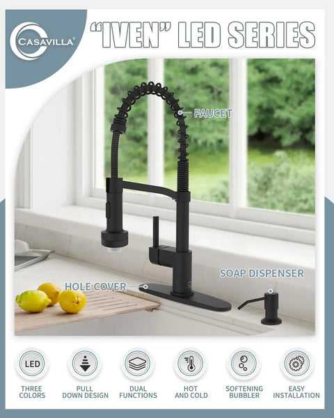 Black Kitchen Faucet With Soap Dispenser And LED Temperature Indicator Pull Down Sprayer shown with hole cover and soap dispenser.