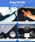 Installation guide for Tesla Model 3 Y Sun Shade Upgraded Foldable Front Sunshade With Light Blocking UV Protection Fabric. Steps shown.