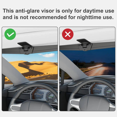Polarized Sun Visor Extender For Cars With UV400 Blocker And Adjustable Clip On Design Universal Car Visor Extension For No Glare Reduction No Fuss Clip On Install For Safer Clearer Driving shown in day and night use comparison