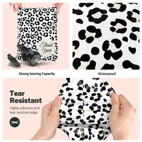 Hands holding cheetah print poly mailers 100 pack 10x13 self seal shipping bags, showcasing water resistance and tear resistance.