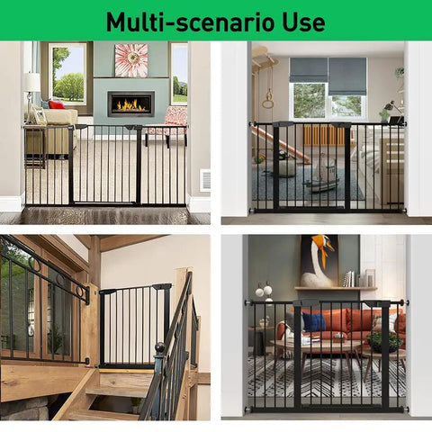 Auto Close Walk Through Baby Gate For Stairs And Doorways With Pressure Mount Or Hardware Mount Kid Safe Pet Friendly Tension Metal Gate In Black Fits 62 To 65 Inches Sturdy Design For Quick Setup And Long Lasting Safety For Kids And Pets in various home settings