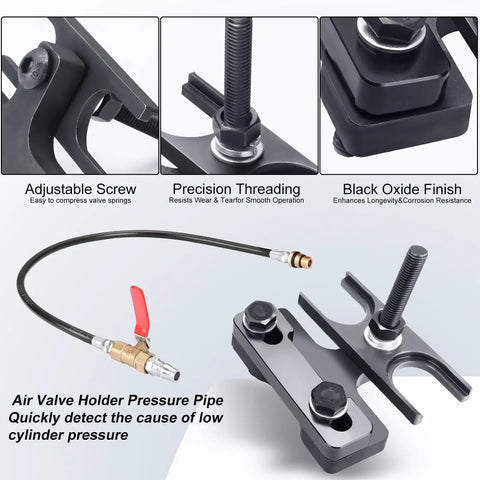 Upgraded Pro Grade Valve Spring Compressor Tool Kit With Box For LS Engines shown with air valve holding hose and tools