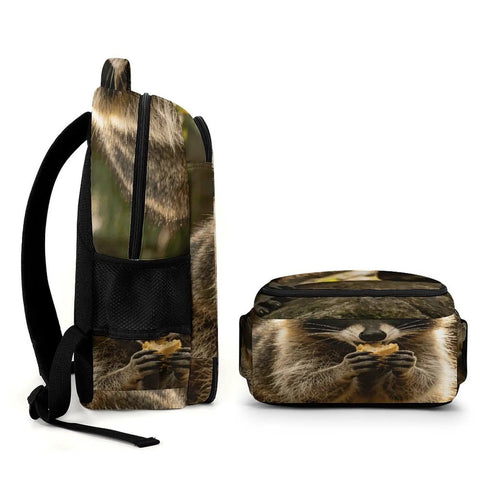 Rock Snack Raccoon Print Backpack Unisex Large Capacity Daypack with side mesh pocket and raccoon design on polyester