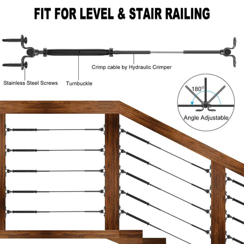 Diagram showing 30 Pairs Stainless Steel Adjustable Angle One Eighth Inch Wire Rope Cable Railing Hardware Kit For Wood Posts