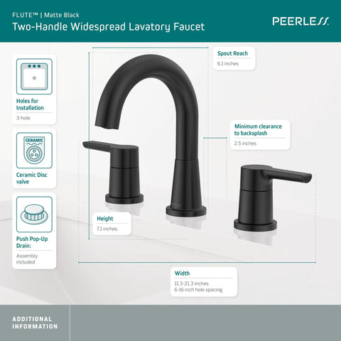 Flute Bath Faucet In Matte Black With High Arc Spout For Three Hole Six To Sixteen Inch Installations, ADA Compliant, WaterSense Labeled, Includes Fifty Fifty Pop Up Drain, Quarter Turn Handles, Half 14 NPSM Adapters And Lifetime Warranty - display with faucet dimensions and features overview.
