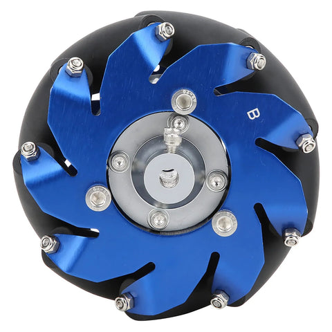 Left blue Mecanum wheel with metal hub and black tire