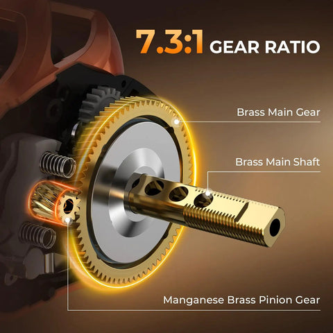 Cutaway showing gears of Lethal Blaze Baitcasting Fishing Reel With 7.3 To 1 Gear Ratio and brass components.