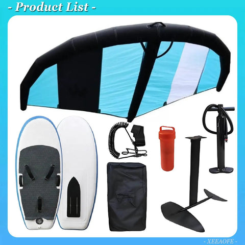 Go Anywhere Packable Inflatable Wing With Hydrofoil For Wing Foiling Handheld Wing Foil Kit components displayed on blue background
