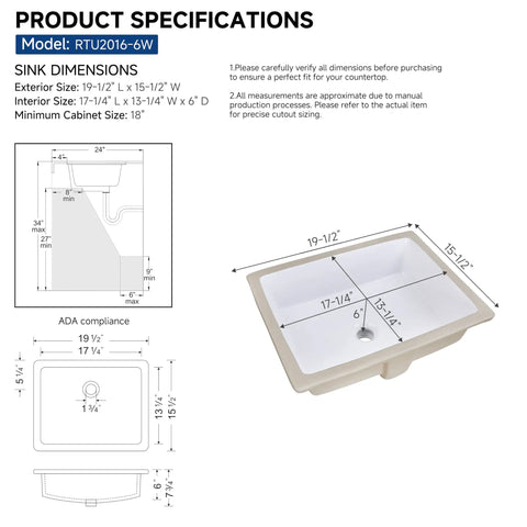 Diagram of rectangular ceramic undermount bathroom sink for vanity 20 by 16 white vitreous china with specific dimensions.