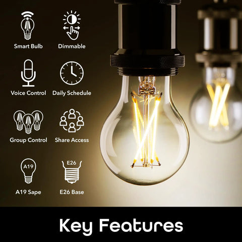 LUX Edison WiFi LED Smart Bulb 2700K Soft White; Dimmable A19 60W Equivalent; key features include voice control and dimmable options.
