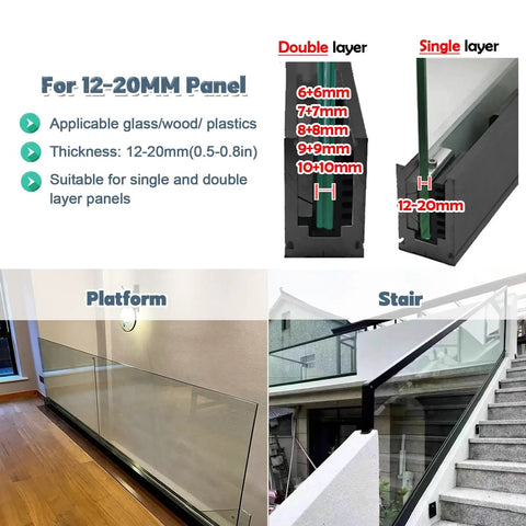 Premium Aluminum Base Rail Channel For Deck And Stairway Railing for 12-20mm panels, suitable for double and single layer setups.
