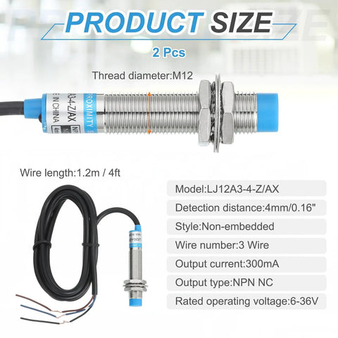 2 Pack Inductive Proximity Sensors 4mm Sensing Distance, NPN Normally Closed, M12 Connector, DC 6-36V, 3-Wire, 300mA, LJ12A3-4-Z/AX display
