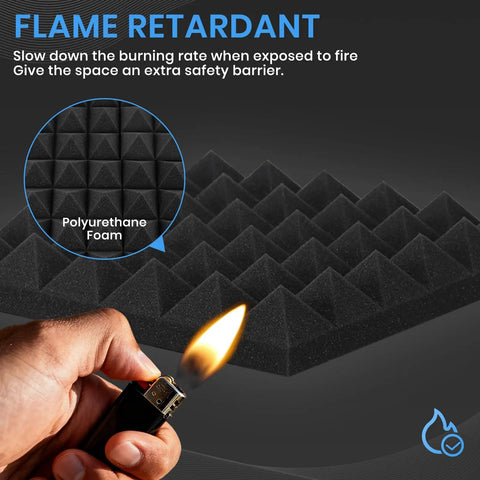 Legit Badass High Density Pyramid Soundproof Foam Panels For Walls 52 Pack 12X12X2 demonstrating flame retardant properties.