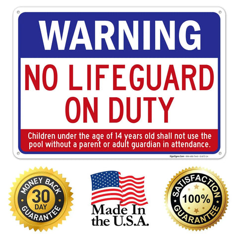 No Lifeguard On Duty Pool Sign For Safety, 10x14 Inch Aluminum, Rust Free And Fade Resistant, Indoor Outdoor Pool Warning Sign