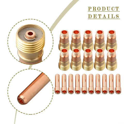 Pro Grade TIG Welding Accessories Kit with Stubby Gas Lens and 3 32nd Inch Collets Kit Components Display