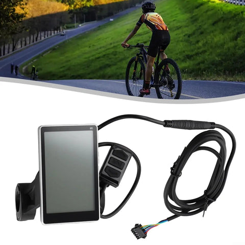 5 Pin E Bike LCD Display Screen For Electric Scooters And Bikes, Speedometer Panel With Control shown with a cyclist in background.
