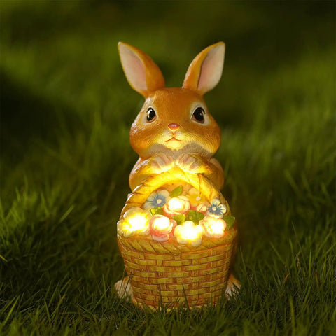 Outdoor Garden Solar Rabbit Light Statue With Lit LED Lighting Hand Painted Resin Bunny Decor For Patio Lawn Indoor And Outdoor Use Easter Gift Real Rabbit Collection featuring glowing bunny with basket on grass