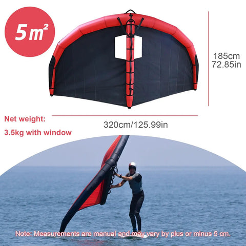 5㎡ Handheld Inflatable Wing Foil Kite With Window For Wind Surfing And Sea Travel, shown on beach with rider in water