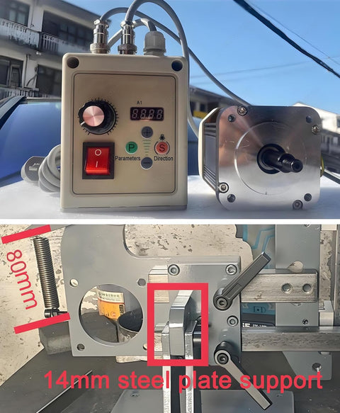 Control panel of HajMyrdonyx 750W Electric Belt Sander and Polisher Machine with adjustable settings and steel plate support.