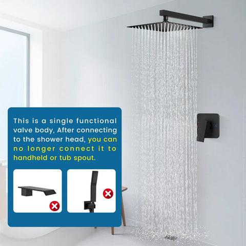 Matte Black Shower Faucet Set With 10 Inch Rainfall Shower Head, Wall Mounted Single Handle Valve System shown in modern bathroom