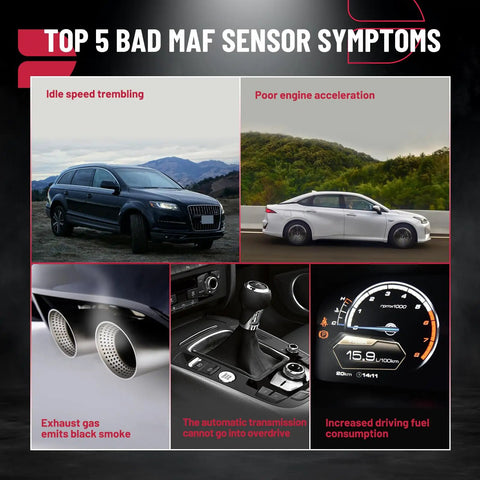 Image showing top 5 bad MAF sensor symptoms including idle speed trembling, poor engine acceleration, and increased fuel consumption.