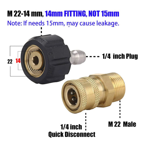 M MINGLE pressure washer adapter set: black plastic M22 14mm fitting with brass 1/4-inch quick-disconnect connector.